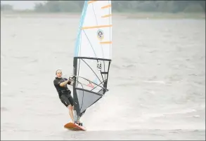  ?? Erik Trautmann / Hearst Connecticu­t Media ?? Wind and kite surfers including Norwalk resident Ed Diehardt, above, take to the waters off claf Pasture Beach to take adavatage of the high winds brought by Tropical Storm Fay on Friday in Norwalk.