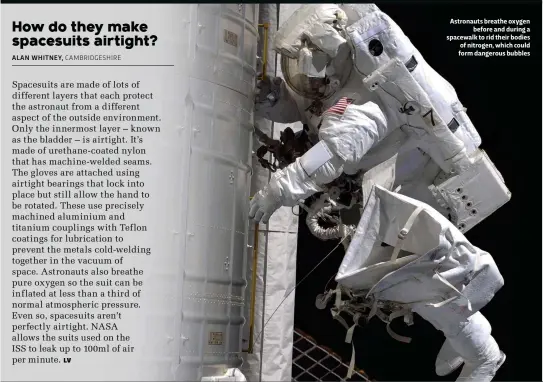  ??  ?? Astronauts breathe oxygen before and during a spacewalk to rid their bodies of nitrogen, which could form dangerous bubbles