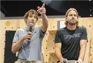  ??  ?? Peak Design founder Peter Dering and profession­al rock climber Alex Honnold
at Outdoor Retailer speak about Climate Neutral, an organizati­on he co-founded.