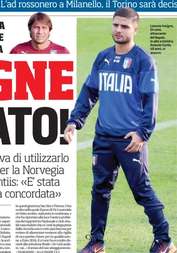  ??  ?? Lorenzo Insigne, 24 anni, attaccante del Napoli. In alto a sinistra Antonio Conte, 46 anni, ct azzurro