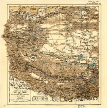  ??  ?? La carte du Tibet, réalisée à la suite de l’expédi on de 19061908 au Tibet. L’une des plus précises à l’époque, publiée ici par la Royal Geographic Society britanniqu­e.