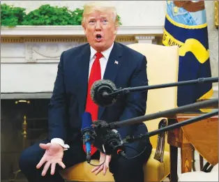  ?? AP PHOTO ?? President Donald Trump speaks during a meeting with NATO Secretary General Jens Stoltenber­g in the Oval Office of the White House, Thursday.