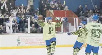  ??  ?? Phantoms defenceman Tom Norton after scoring in the second period.