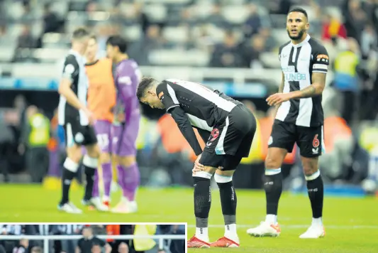  ?? AP ?? Newcastle’s Callum Wilson (second right) and Jamaal Lascelles react to their loss at the end of their English Premier League match against Tottenham Hotspur at St James’ Park in Newcastle, England, yesterday.