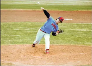  ?? HERALD PHOTO BYJUSTIN SEWARD ?? Prairie Baseball Academy’s Zach Evanocho delivers a pitch during Game 3 of a four-game set with the Vancouver Island University Mariners on Sunday at Lloyd Nolan Yard.