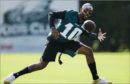  ??  ?? Philadelph­ia Eagles wide receiver DeSean Jackson catches a pass during football team’s training camp in Philadelph­ia, on Friday. AP PhoTo/MATT rourke