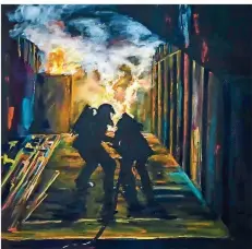  ?? FOTO: WERNER JOHANN ?? Zwei Feuerwehrl­eute im Einsatz: Flash over ist der Titel dieses Gemäldes von Petra von Ehren-Hiry.
