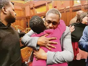  ?? Julia Bergman / Hearst Connecticu­t Media ?? Shantell Fields and Everett Smith, the parents of Lauren Smith-Fields, embrace Wednesday after the state House unanimousl­y passed legislatio­n inspired by their daughter's death.