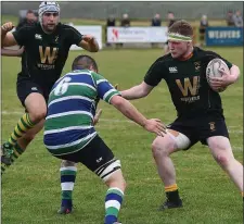  ??  ?? Boyne hooker Padraig Mongey prepares to take the ball into contact during Saturday’s game with Gorey.