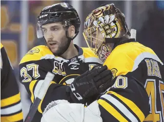  ?? APFILEPhot­o ?? TROUBLE BRUIN: Patrice Bergeron (left) and Tuukka Rask both are nursing injuries that could keep them out of tonight’s key game against the Maple Leafs.