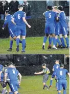  ?? John Driscoll ?? ● Alex Griffiths strikes the Skem winner against Kendal Town and (above) the United players celebrate the goal