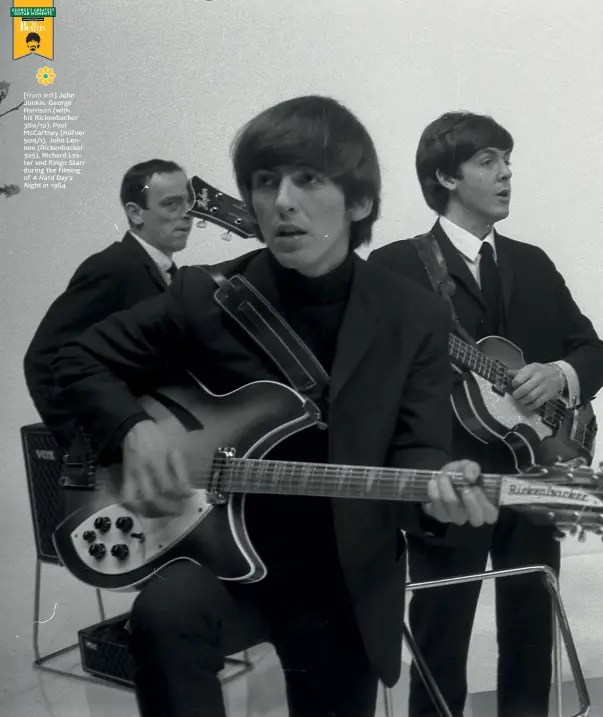  ??  ?? [ from left] John Junkin, George Harrison (with his Rickenback­er 360/12), Paul McCartney (Höfner 500/1), John Lennon (Rickenback­er 325), Richard Lester and Ringo Starr during the filming of
in 1964
A Hard Day’s Night