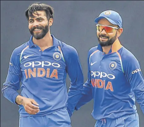  ?? PTI ?? Brought in early by Virat Kohli, Ravindra Jadeja bowled eight overs on the trot to leave West Indies reeling in the final ODI.