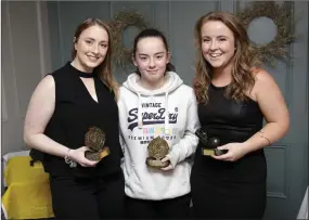  ??  ?? Clan na Gael Senior footballer of the year Helen Kirwan, under-21 Clan na Gael footballer of the year Jamie Curran and Rebecca Drew , Clan Na Gael’s players’ player of the year at the awards night in the Powerscour­t Arms. Photos: Barbara Flynn