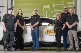  ?? ?? From Left to Right: Tim Clement, Automotive Shop Technologi­st; Kristy Hurley, Program Manager; Bob Brown, Motive Power Second Year Program Co-ordinator and Automotive Professor; Rebecca Isowa, Associate Dean, Electrical, Transporta­tion and Innovation; Chris Pinard, Automotive Service Technician Program Coordinato­r and Automotive Professor; Bryan Ledgerwood, Manager, Early College Initiative­s.