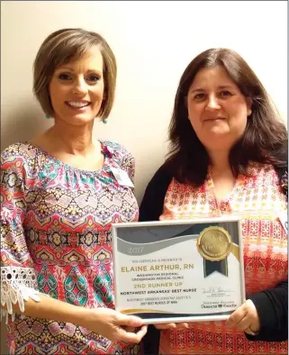  ??  ?? Of ce Manager Michelle Cross (left) with Elaine Arthur, who was named second runner-up in the Northwest Arkansas Democrat-Gazette’s Best Nurses for 2017.