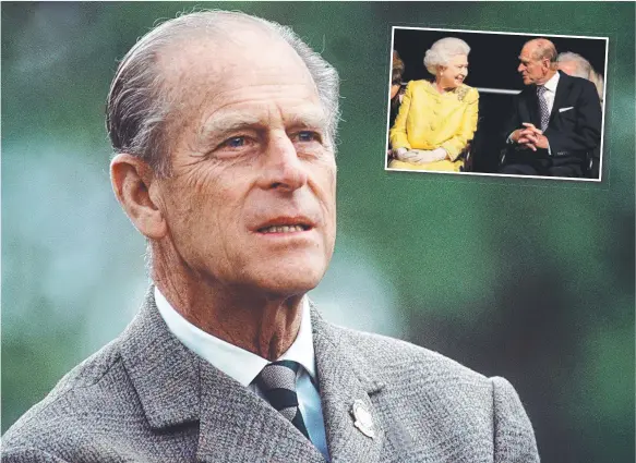  ??  ?? Prince Philip at The Royal Windsor Horse Show and (inset) sharing a light moment with the Queen at a function in Canada. Pictures: Getty Images