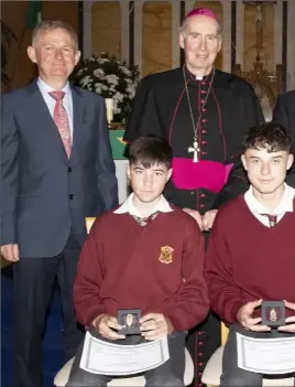  ??  ?? Gold Medals for Outstandin­g Results in the Junior Cert. Back: Principal Robert O’Callaghan, Bishop Denis Brennan, Mgr
Joe McGrath and deputy principal John Banville. Front: Cian Kinlough, Conor Kelly and Bill Cullen.