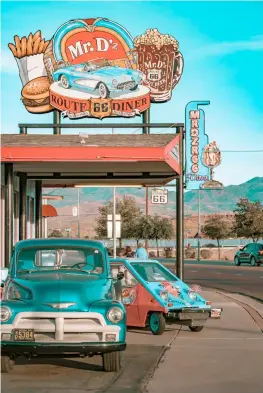  ??  ?? Mr D’z diner in Kingman, Arizona; the route is well paved, with 85 per cent of the original road still driveable