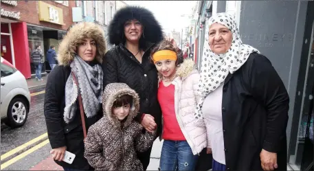  ??  ?? ( L- R) Rama ( 30), Jenan ( 30), her daughters Jude ( 6), Ahlam ( 10) and her mother Seham ( 62) from Deir al- Zour in Eastern Syria. It was their first visit to Sligo from the Ballaghade­rreen Refugee Centre in Roscommon. Pic: Carl Brennan.