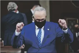  ?? MELINA MARA/AP ?? SENATE MAJORITY LEADER CHUCK SCHUMER of New York arrives to the chamber ahead of President Joe Biden speaking to a joint session of Congress on Wednesday in the House Chamber at the U.S. Capitol in Washington.