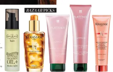  ??  ?? From left: Perfectly Perfecting Wonder Treatment Oil+, $48, Percy & Reed. Elixir Ultime, $62, Kérastase. Lumicia Illuminati­ng Shine Shampoo, $39.90; Lumicia Illuminati­ng Shine Conditione­r, $39.90, Rene Furterer. Discipline Keratine Thermique Smoothing...