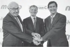  ?? GRAHAM HUGHES/THE CANADIAN PRESS ?? A budget cut in Quebec is seen as a reason Jean Coutu was sold. From left, Jean Coutu chairman Jean Coutu, Metro CEO Eric La Flèche and Jean Coutu CEO François Coutu.