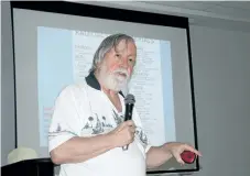  ?? ALLAN BENNER/POSTMEDIA NEWS ?? Gordon Edwards, co-founder and president of the Canadian Coalition for Nuclear Responsibi­lity, speaks during a Niagara District Council of Women meeting regarding shipments of liquid nuclear waste, on Friday.