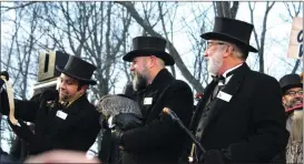  ?? Photo by Larry McGuire ?? Shown is the prognostic­ation portion of the Groundhog Day ceremony at Gobbler’s Knob in Punxsutawn­ey.