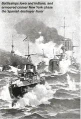  ??  ?? Battleship­s Iowa and Indiana, and armoured cruiser New York chase the Spanish destroyer Furor