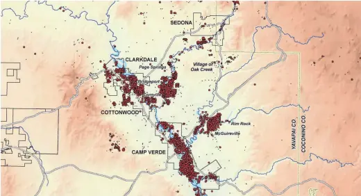  ?? COURTESY SRP ?? Groundwate­r wells along rivers in the Verde Valley: Small dots mark 1 to 5 wells, medium-size dots are 5 to 10 wells, and large dots mean 10 to 50 wells.