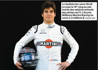  ?? PHOTO AFP ?? Le Québécois Lance Stroll occupe le 14e rang au palmarès des salaires annuels des pilotes de F1. L’écurie Williams Martini Racing lui verse 2,3 millions $.