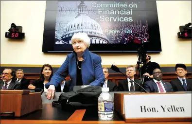  ?? AP/JACQUELYN MARTIN ?? In her testimony Wednesday before the House Financial Services Committee, Federal Reserve Chairman Janet Yellen said she sees “roughly equal odds that the U.S. economy’s performanc­e will be somewhat stronger or somewhat less strong than we currently...
