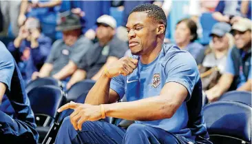  ?? [PHOTO BY BRYAN TERRY, THE OKLAHOMAN] ?? Russell Westbrook sat out the Thunder’s preseason opener on Tuesday in Tusla. It’s possible he’ll play on Friday against New Orleans.