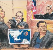  ?? Efe ?? ACUSADO. Dibujo de la audiencia de ayer del juicio contra “El Chapo” en Nueva York. De nuevo testificó el “Chupeta”.