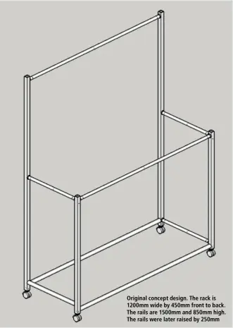  ??  ?? Original concept design. The rack is 1200mm wide by 450mm front to back. The rails are 1500mm and 850mm high. The rails were later raised by 250mm