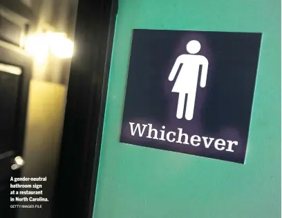  ?? GETTY IMAGES FILE ?? A gender-neutral bathroom sign at a restaurant in North Carolina.