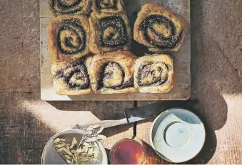  ?? ?? GET SHELLING: Main picture opposite, pistachio and cardamom halva; top, slow-cooked peppers; above, little za’atar buns; inset opposite, chef and food writer Georgina Hayden.
