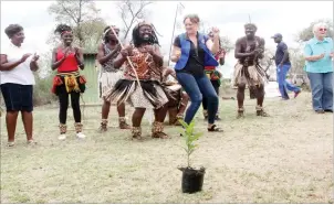  ??  ?? Umkhathi Theatre Works performs alongside some guests at the belated National Tree Planting day held at Isilwane Nature Reserves (formerly Umguza Nature reserves) in Bulawayo yesterday. (See story on Page 2)