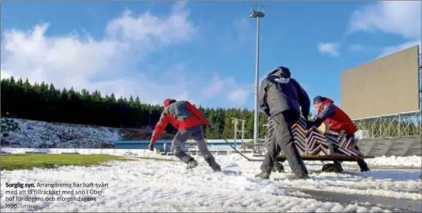  ?? Lehtikuva ?? Sorglig syn. Arrangörer­na har haft svårt med att få tillräckli­gt med snö i Oberhof för dagens och morgondage­ns lopp.