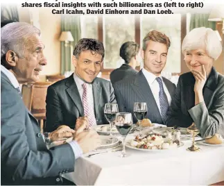  ??  ?? Former Fed boss Janet Yellen lately has been getting paid to attend fancy dinners hosted by Wall Street banks, where she shares fiscal insights with such billionair­es as (left to right) Carl Icahn, David Einhorn and Dan Loeb.