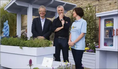  ??  ?? Clive Jones (from Baltinglas­s, centre) with Tom Grey and Sinead Grennan in their ‘Dementia Friendly Garden’ at Bloom.