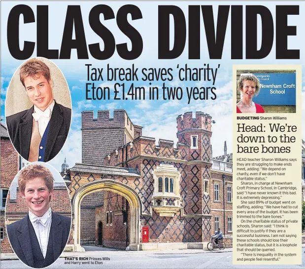  ??  ?? THAT’S RICH Princes Wills and Harry went to Eton