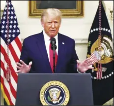  ?? ASSOCIATED PRESS ?? In this image made from UNTV video, US President Donald Trump speaks in a pre-recorded message which was played during the 75th session of the United Nations General Assembly, Tuesday at the United Nations headquarte­rs in New York.