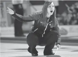  ?? RYAN REMIORZ/THE CANADIAN PRESS ?? Ontario skip Rachel Homan calls a shot during draw sixteen against P.E.I. at the Scotties Tournament of Hearts on Friday in Kingston.