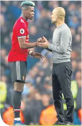  ??  ?? Pep Guardiola congratula­tes Paul Pogba on his double for United last Saturday