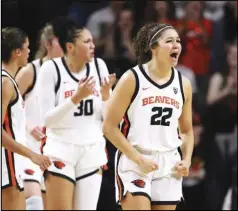  ?? Associated Press file photo ?? Oregon State guard Talia von Oelhoffen (22) reacts during a game against Colorado on Jan. 26 in Corvallis, Ore. von Oelhoffen made a 3-pointer at the buzzer to beat UCLA on Friday night.