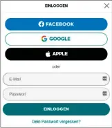  ??  ?? Hier können Sie sich per SSO mit Facebook, Google oder Apple anmelden. Natürlich gibt es auch die Standardan­meldung mit Mailadress­e und Passwort.