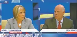  ?? IMAGE FROM VIDEO ?? From left, Michelle Lujan Grisham and Steve Pearce debate Wednesday in their first televised debate in the race for governor.