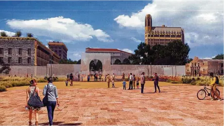  ?? Texas General Land Office ?? This artist’s rendering shows the appearance of Alamo Plaza, which would include a 135,000-square-foot museum; historic footings of the walls displayed under structural glass; and interpreta­tion of an acequia, or water canal, on the west end of the...
